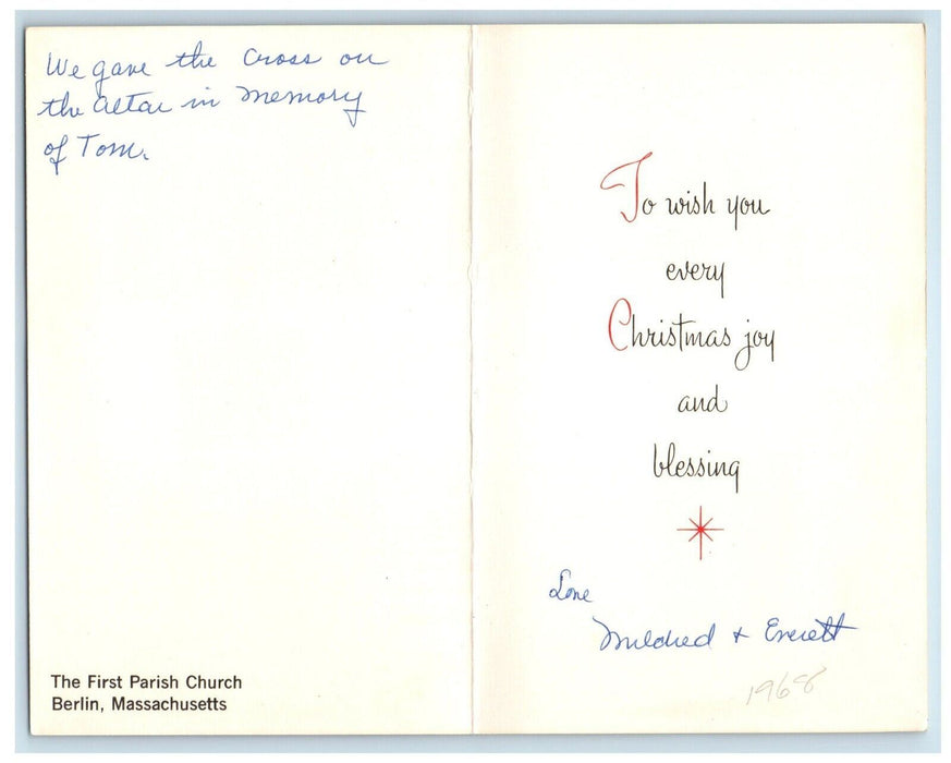 1968 First Parish Church Interior Christmas Berlin Massachusetts MA Postcard