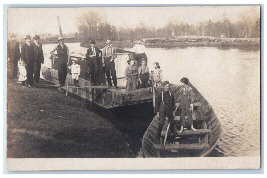 c1901 Ferry House Boat River Smokestack Factory Candid Group RPPC Photo Postcard