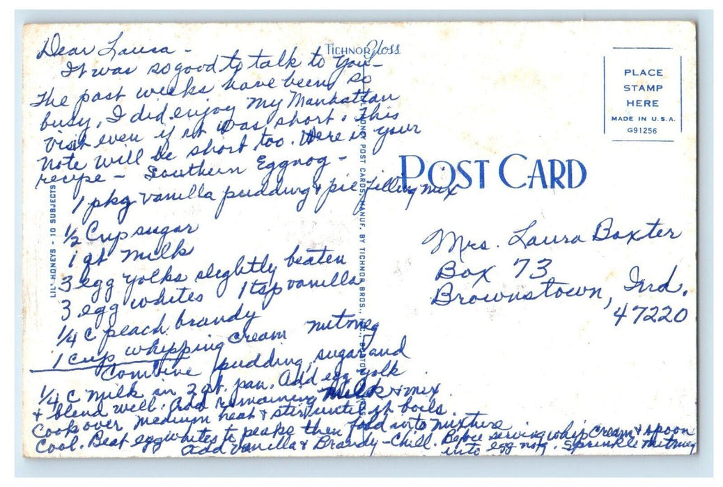 c1940's Eggnog Recipe Christmas Little Boy Brownstown Indiana IN Postcard