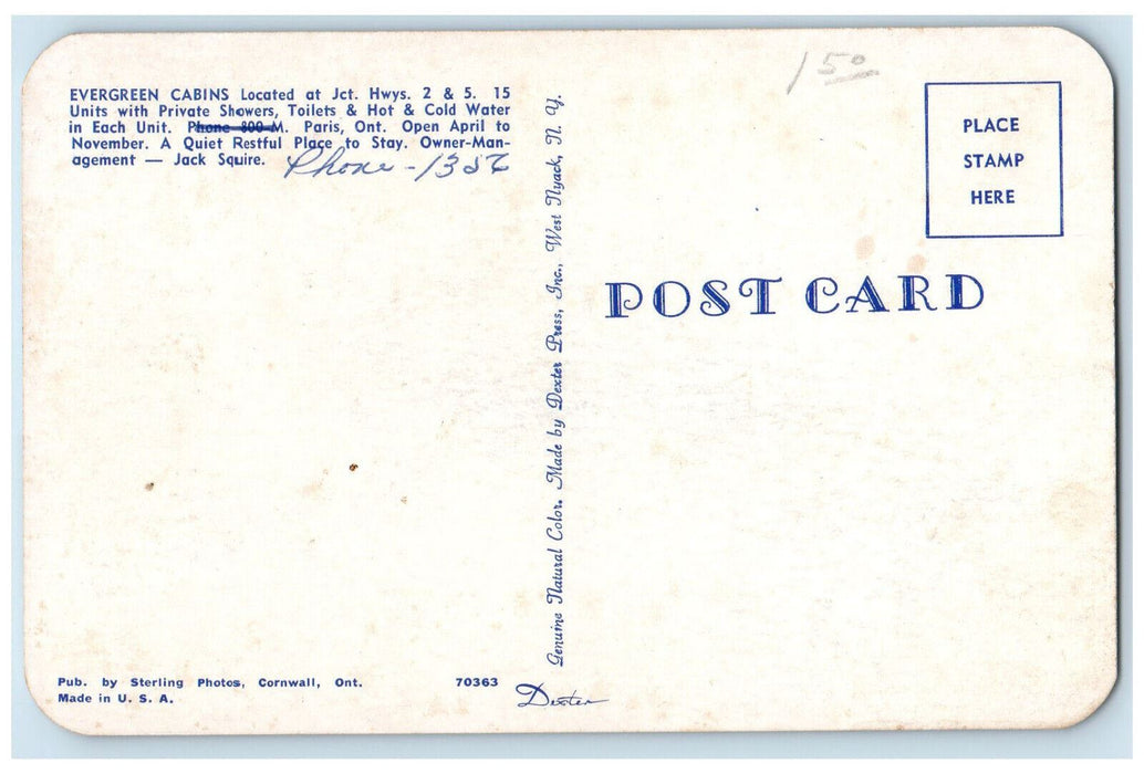 c1960's Sunny Day at Evergreen Cabins Paris Ontario Canada Vintage Postcard