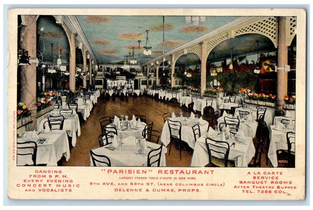 1914 Dining Area, Parisien Restaurant Largest French D'Hote in NY Postcard