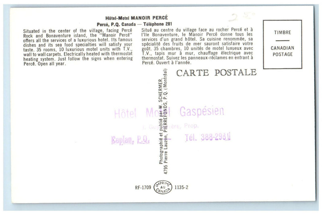 c1950's Multiview Hotel-Motel Manoir Perce, Perce Quebec Canada Postcard