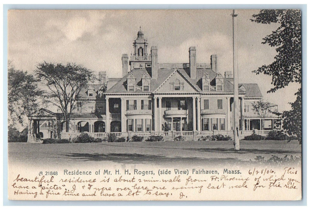 1906 Residence of Mr. H.H Rogers (Side View) Fairhaven Massachusetts MA Postcard