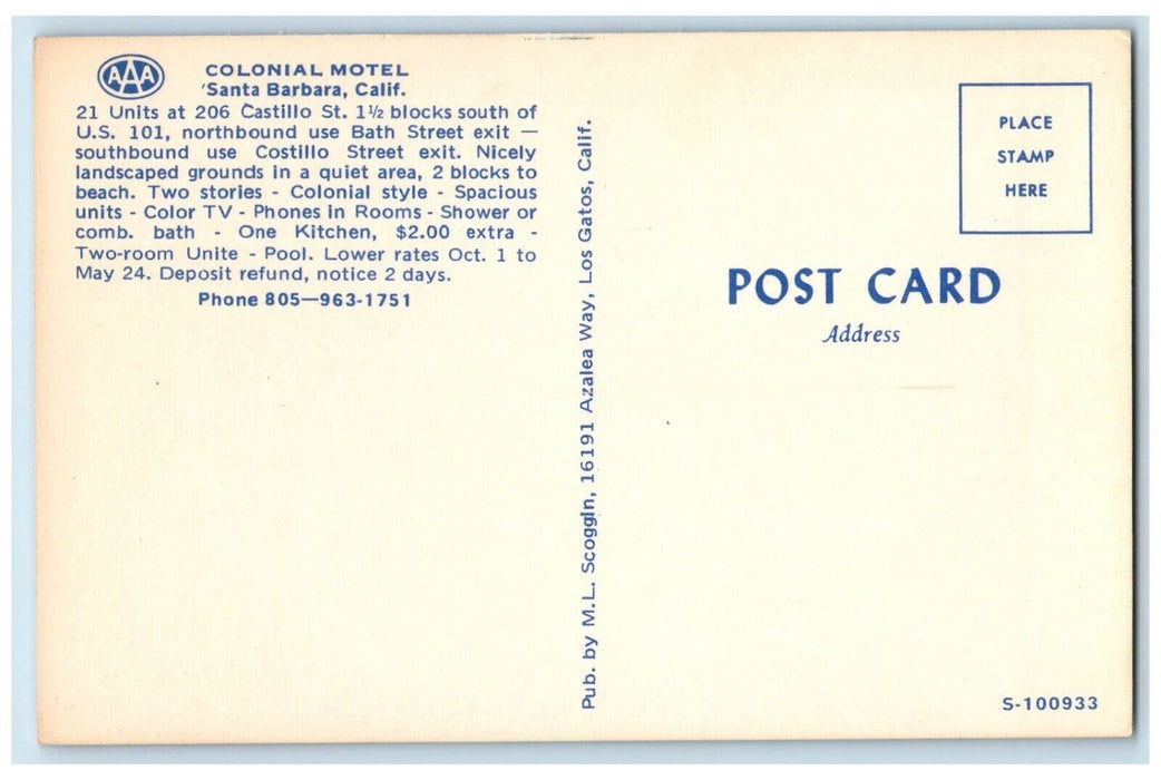 View Of Colonial Motel Swimming Pool Santa Barbara California CA Postcard