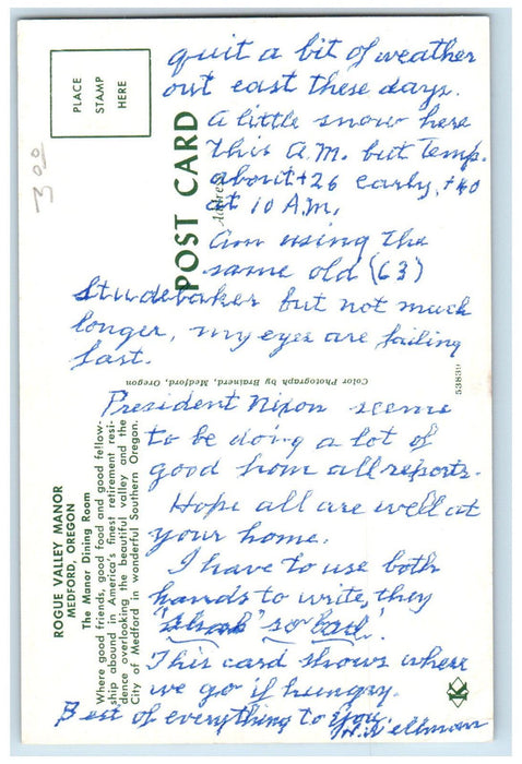 c1960's The Manor Dining Room, Rogue Valley Motor Medford Oregon OR Postcard