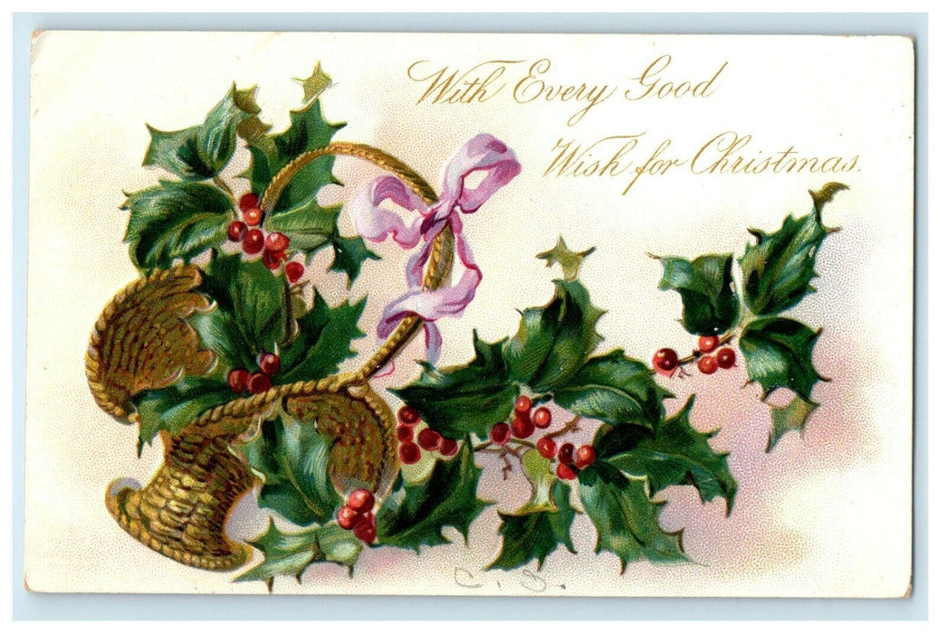 Christmas Tuck's Wicker Basket Purple Ribbon Holly Berries Embossed Postcard
