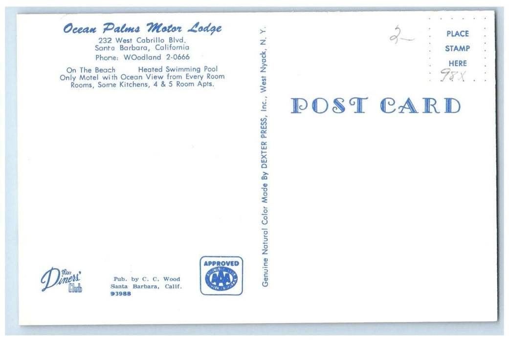 Ocean Palms Motor Lodge Swimming Pool Santa Barbara California CA Postcard