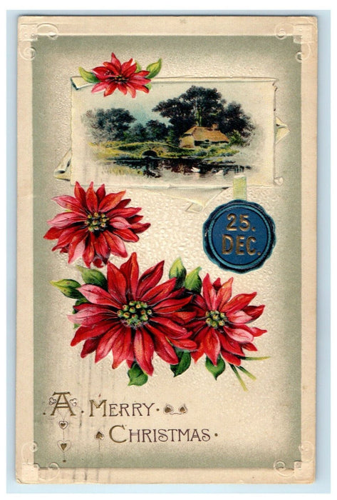 1911 A Merry Christmas Winsch Back Poinsettia Rural Scene Embossed Postcard