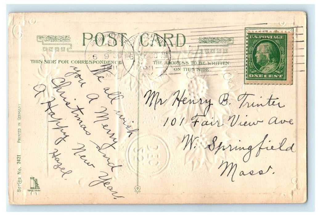 1911 A Merry Christmas Winsch Back Poinsettia Rural Scene Embossed Postcard