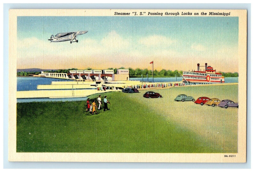 c1940's Steamer JS Locks Mississippi River Airplane Vintage Postcard