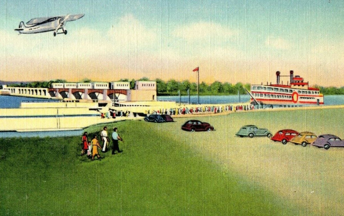 c1940's Steamer JS Locks Mississippi River Airplane Vintage Postcard