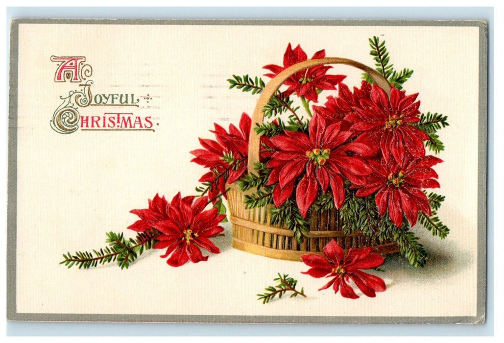 1921 Christmas Holly Poinsettia Flowers In A Wicker Basket Winsch Back Postcard