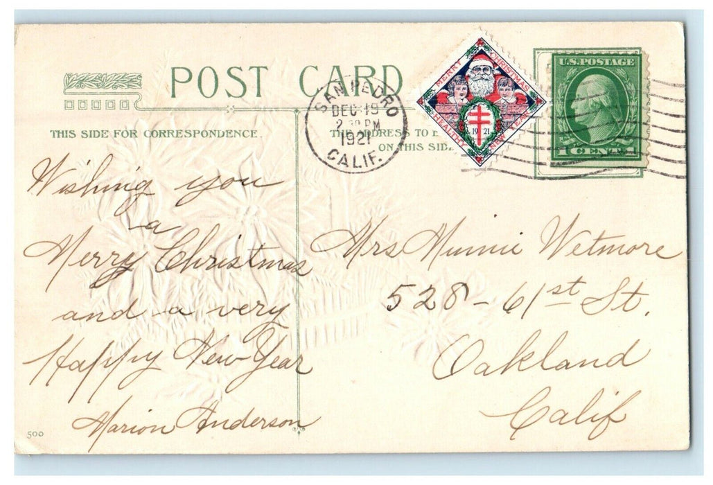 1921 Christmas Holly Poinsettia Flowers In A Wicker Basket Winsch Back Postcard