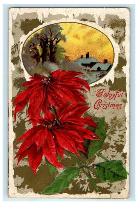 1910 A Joyfuy Christmas Winsch Back Snow Winter Scene Home Poinsettia Postcard