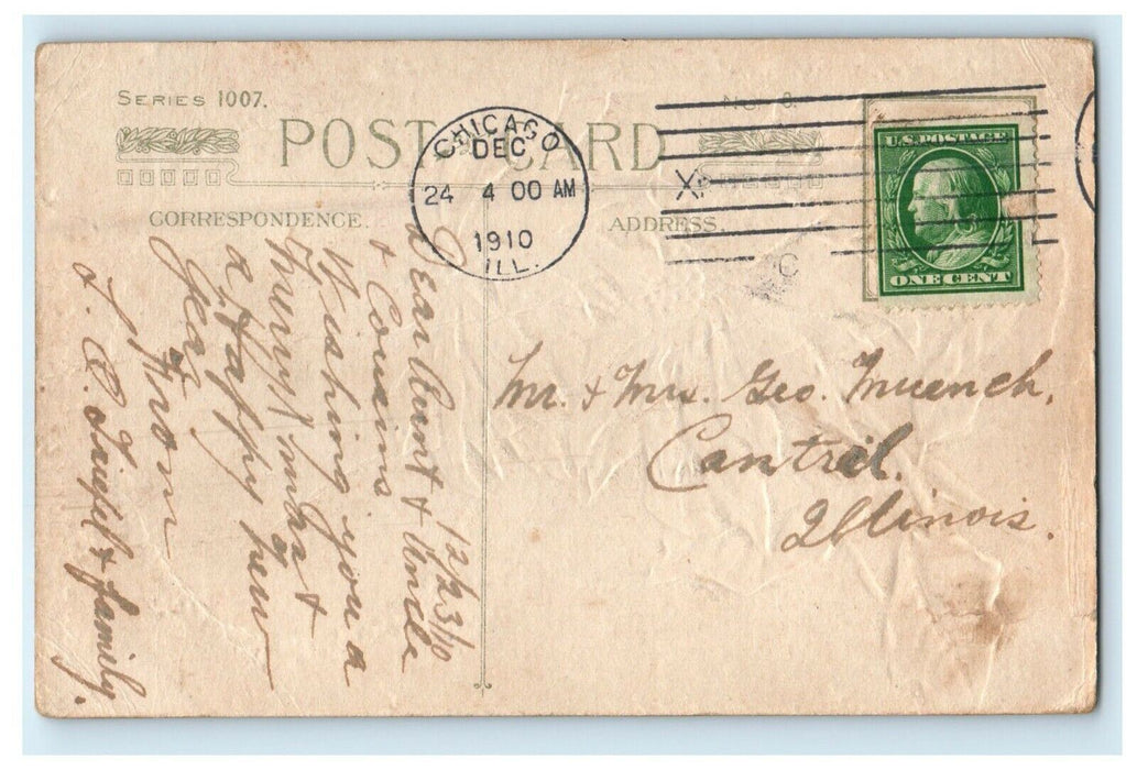 1910 A Joyfuy Christmas Winsch Back Snow Winter Scene Home Poinsettia Postcard
