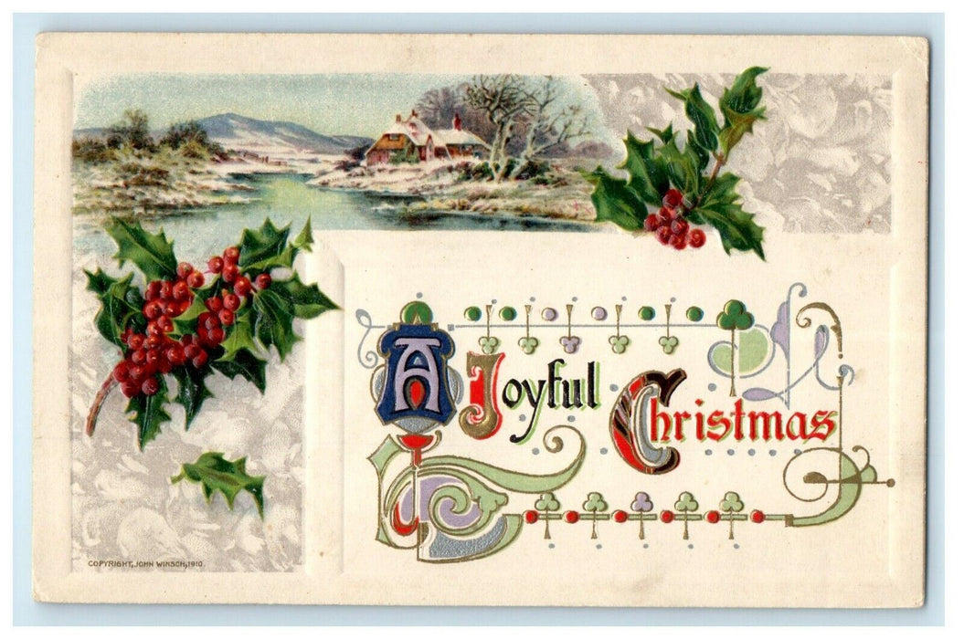 John Winsch A Joyful Christmas Holly Pond Winter Snow Scene Embossed Postcard