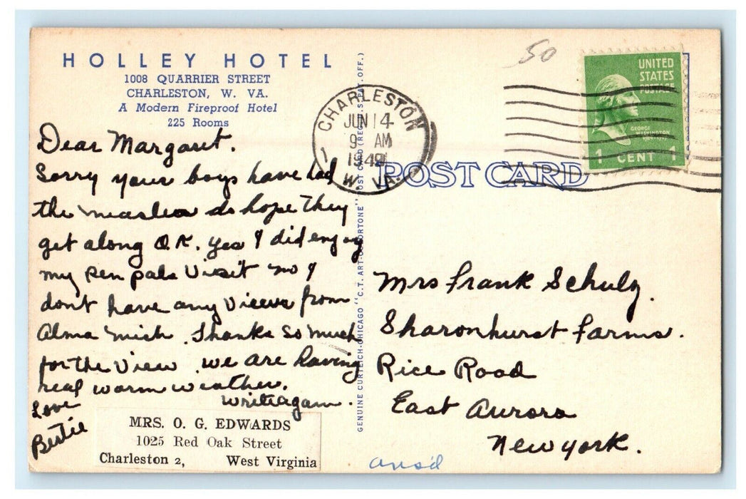 1949 Holly Hotel Fireproof Building Charlestown West Virginia WV Postcard