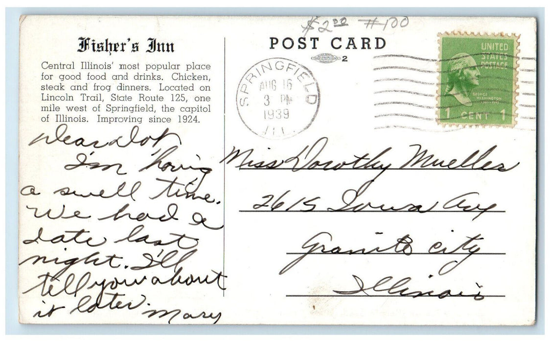 1939 Fisher's Inn on Lincoln Trail State Route 125 Springfield IL Postcard