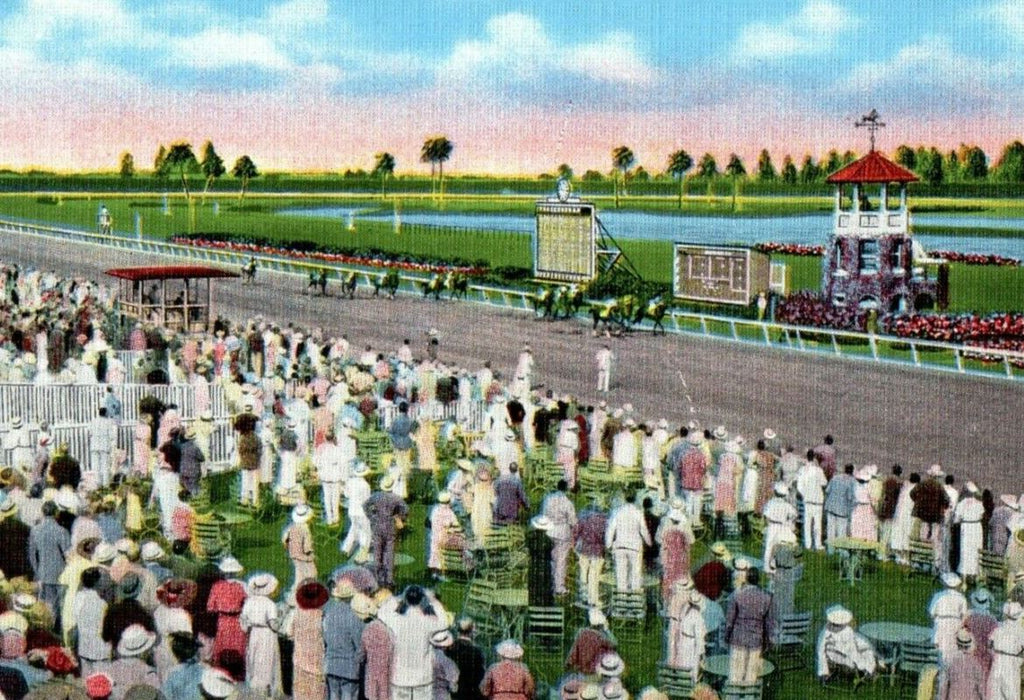 c1940's A Close Finish At Hialeah Park Race Track Miami Florida FL Postcard