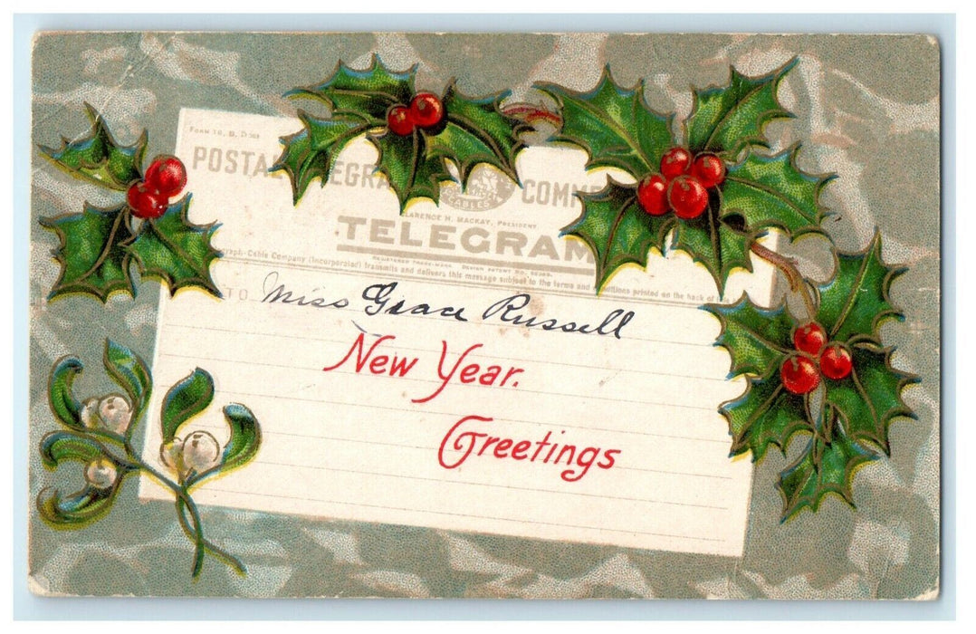 1910 New Year Greetings Holly Berries Telegram Winsch Back Embossed Postcard