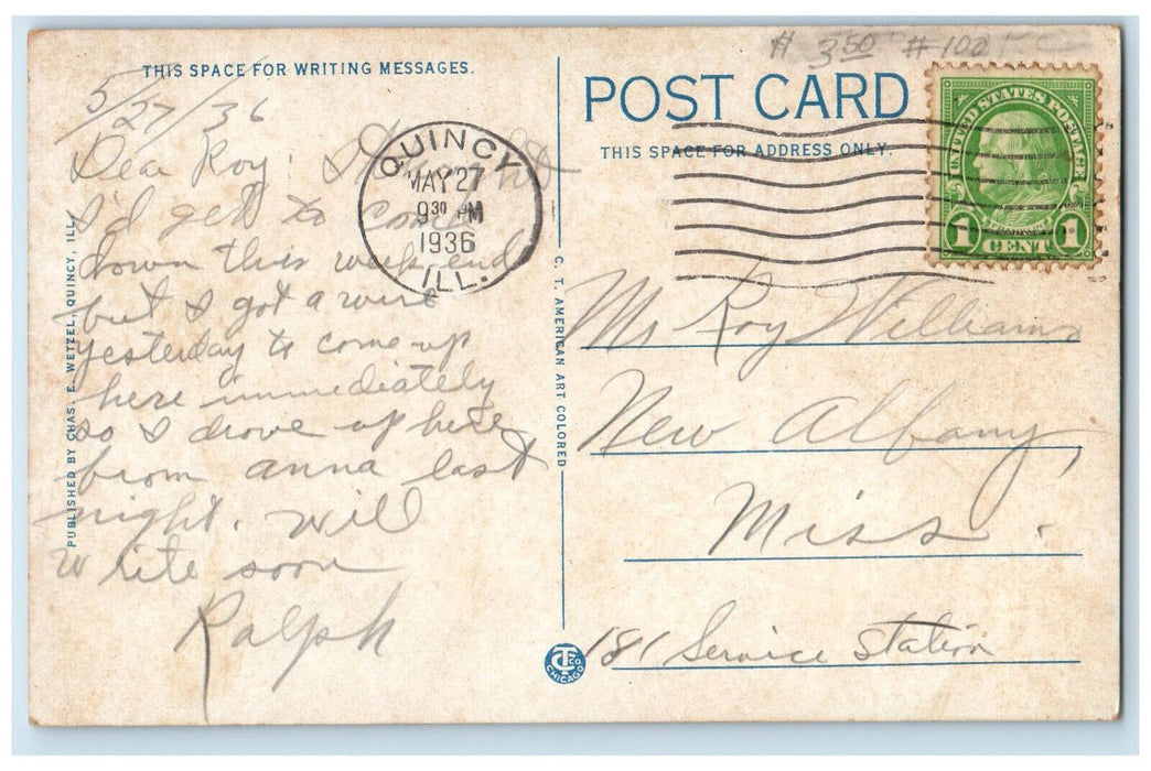 1936 Car Scene, W.C.U Building Quincy Illinois IL Vintage Posted Postcard