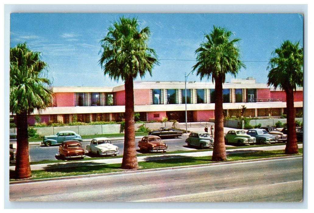 Phoenix Arizona AZ, Public Library Building Palm Trees Cars Vintage Postcard