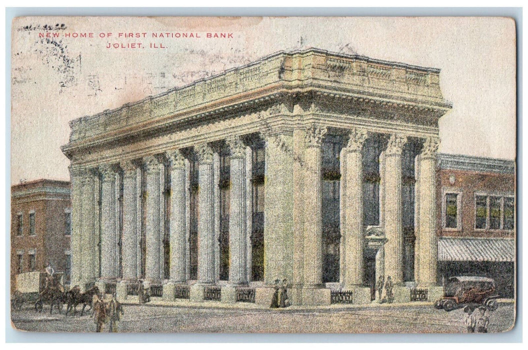 c1910 New-Home of First National Bank Joliet Illinois IL Posted Postcard