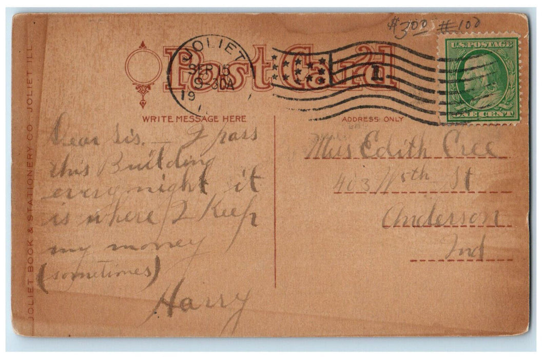 c1910 New-Home of First National Bank Joliet Illinois IL Posted Postcard
