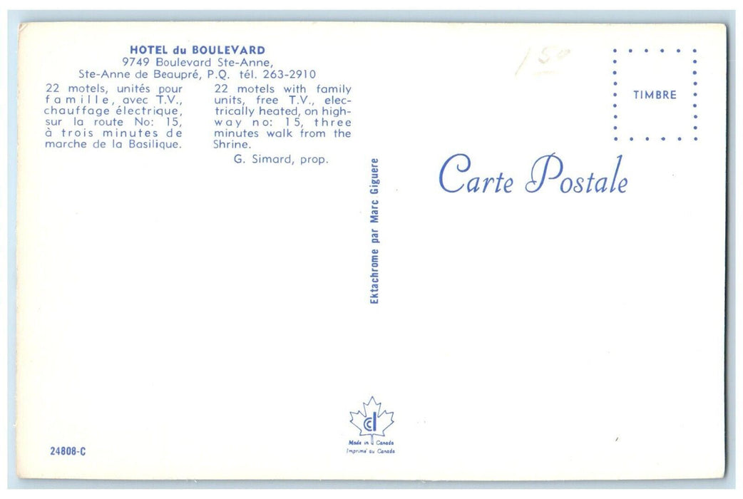 c1960's View Of Hotel Du Boulevard Quebec Canada Unposted Vintage Postcard