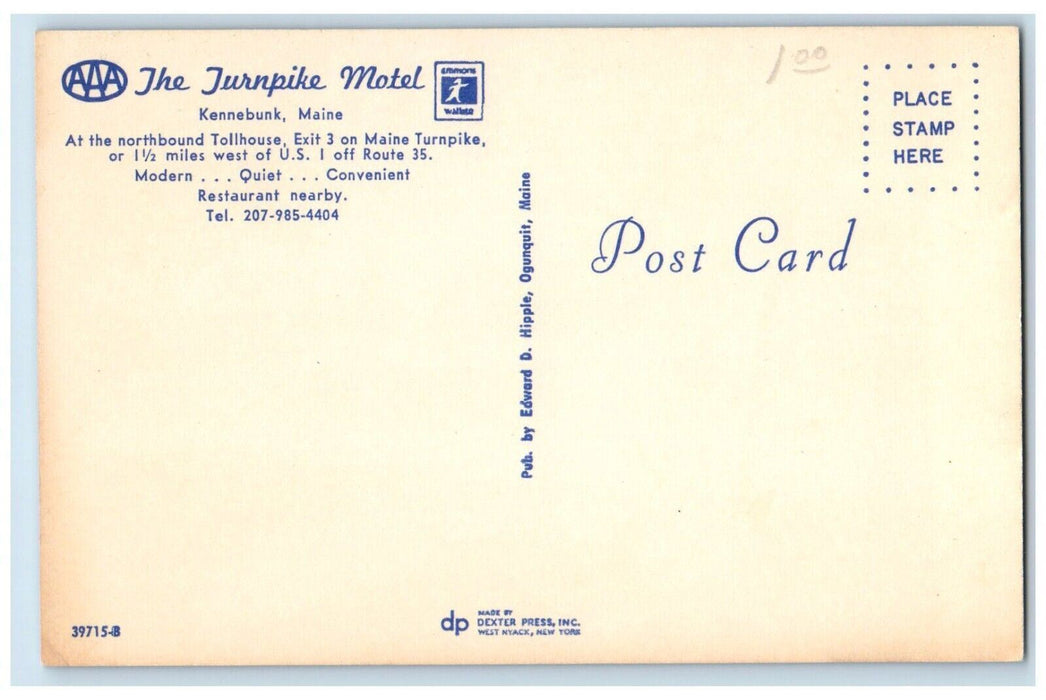 c1950's The Turnpike Motel Kennebunk Maine ME Unposted Vintage Postcard