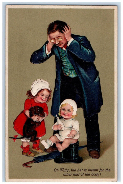 1909 Grandfather Baby Toddler Set The Hat Dachshund Dog Embossed Postcard
