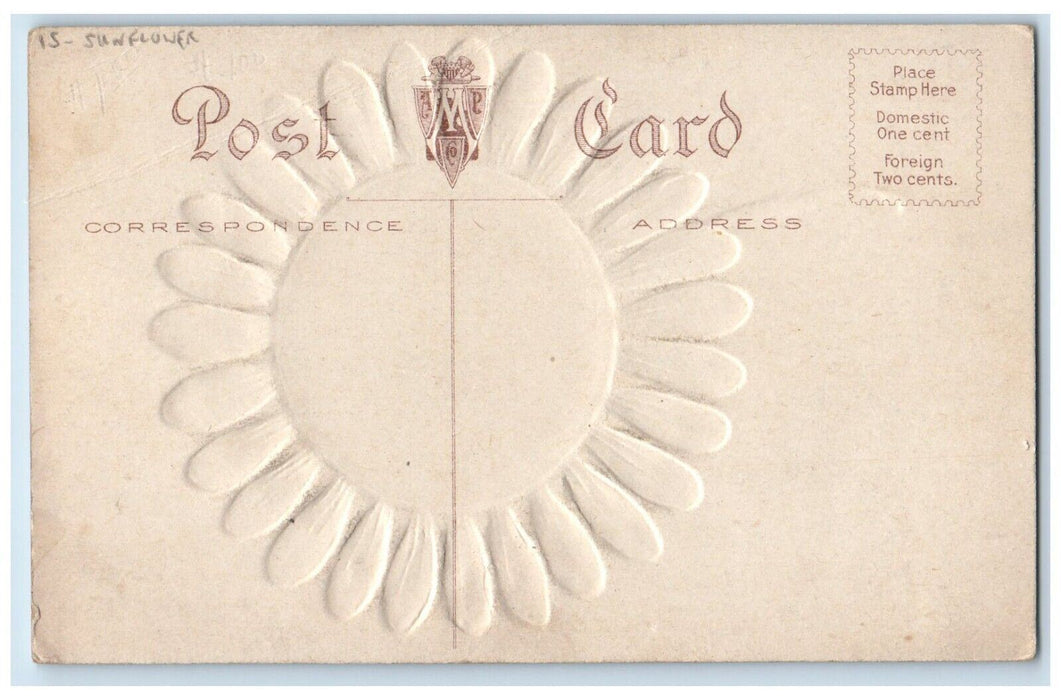 c1910's Best Wishes White Sunflower Sea View Boat Embossed Antique Postcard