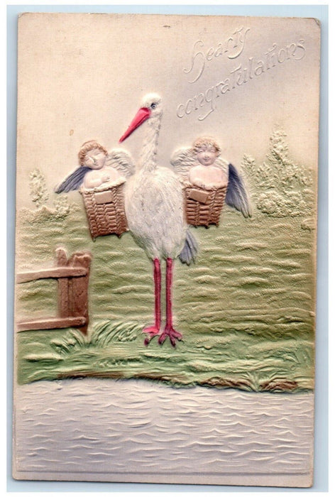c1910's Congratulations Stork Delivering Babies Embossed Posted Antique Postcard