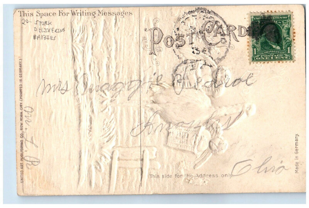 c1910's Congratulations Stork Delivering Babies Embossed Posted Antique Postcard