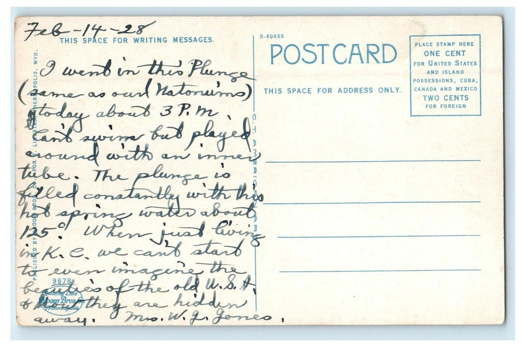 1928 Washakie Plunge Big Horn Hot Spring Thermopolis Wyoming WY Postcard