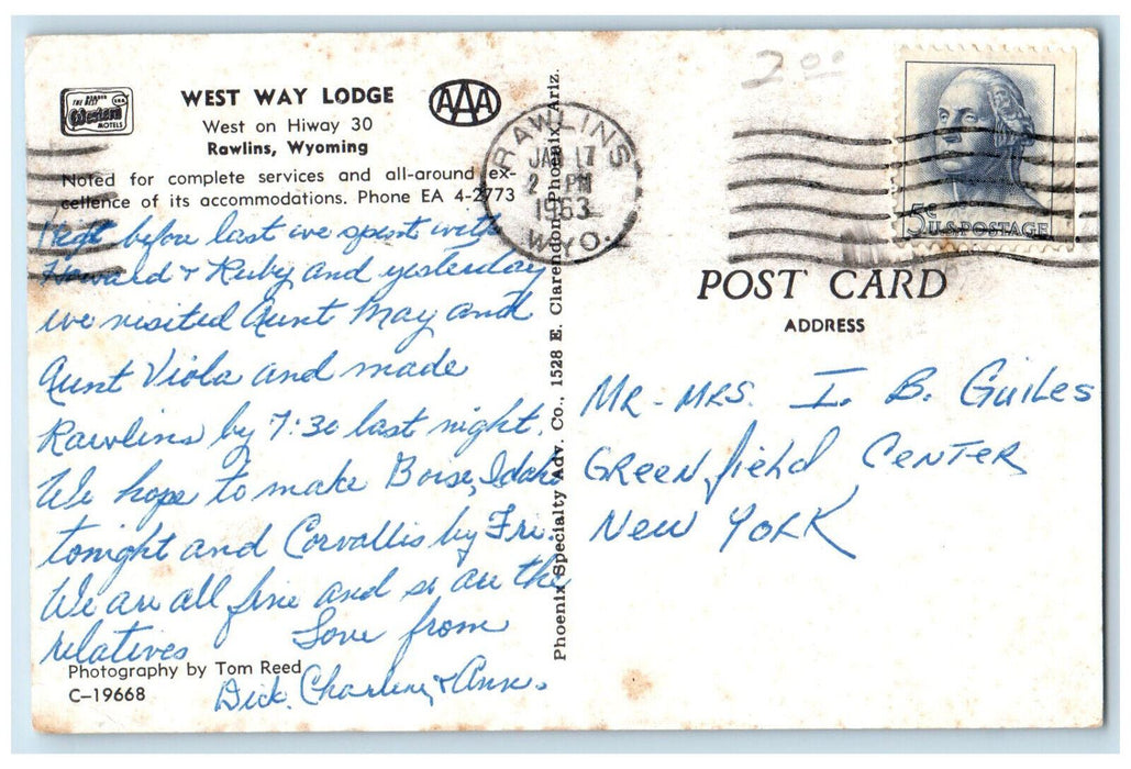 1963 West Way Lodge Rawlins West on Hiway 30 Wyoming WY Vintage Posted Postcard