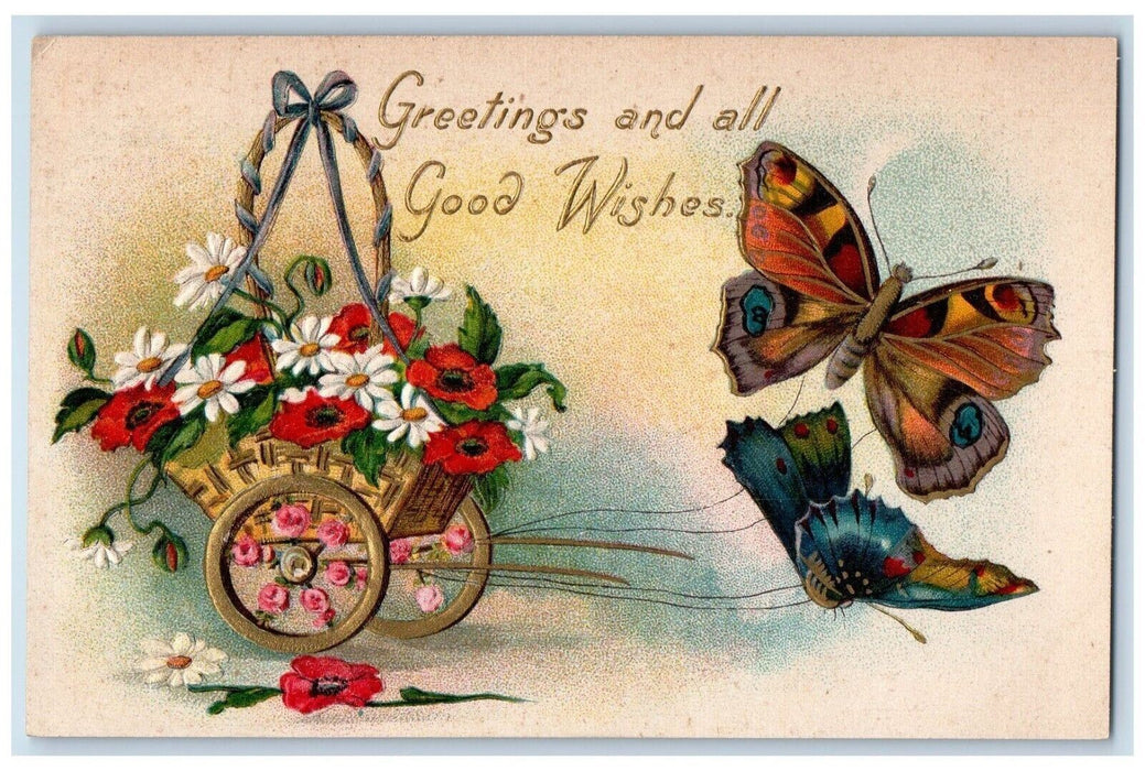 c1910's Greetings And All Good Wishes Butterflies Basket Of Flowers Postcard