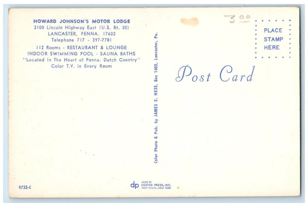 Aerial View Of Howard Johnson's Motor Lodge Lancaster Pennsylvania PA Postcard