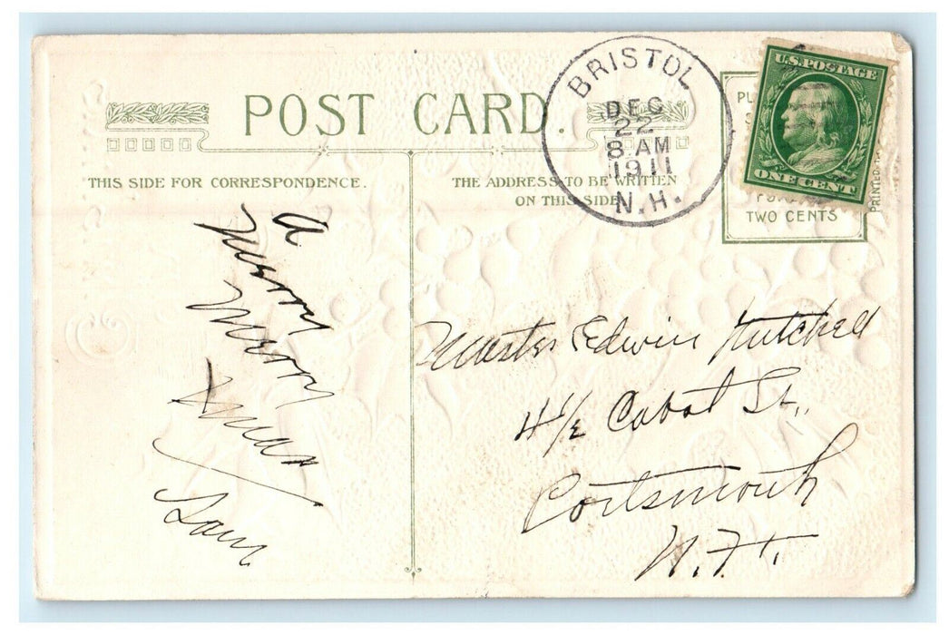 1911 Merry Christmas John Winsch Holly Berries Gold Embossed Antique Postcard