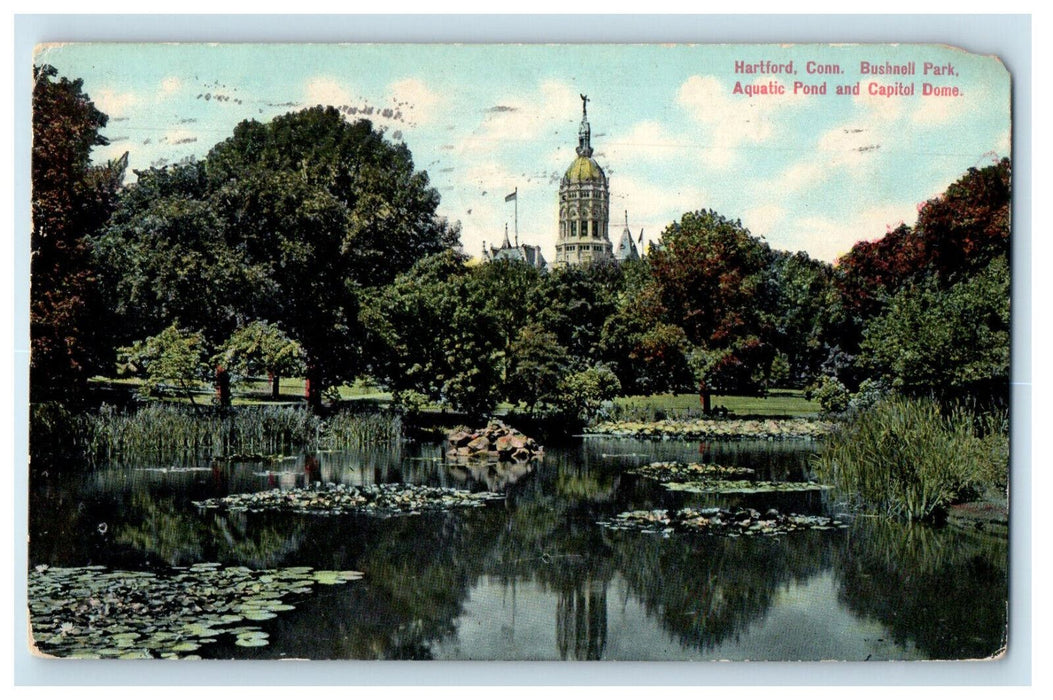 1911 Bushnell Park Aquatic Pond & Capital Dome Hartford Connecticut CT Postcard