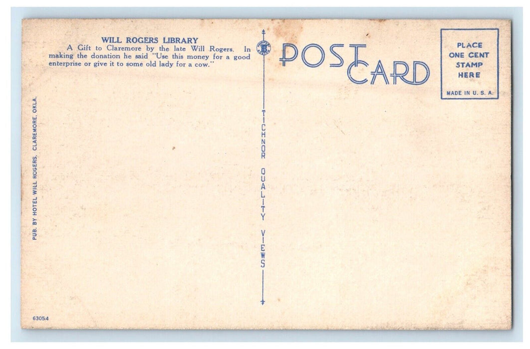 Claremore Oklahoma OK, Will Rogers Library Hotel Will Rogers Postcard