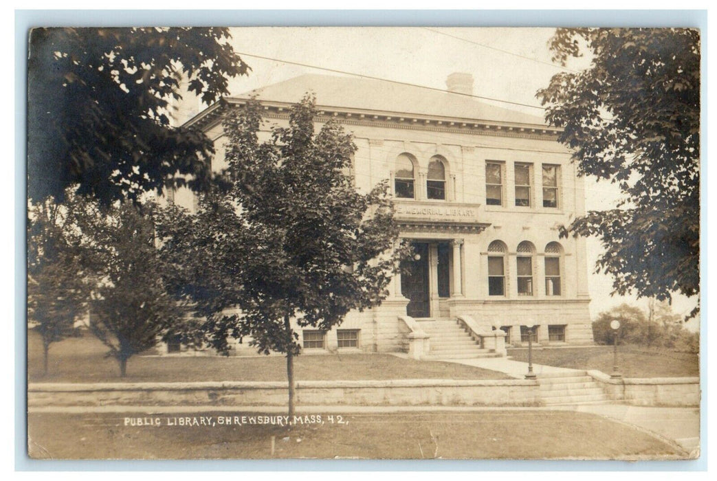 1917 Public Library Building Shrewsburry Massachusetts MA RPPC Photo Postcard