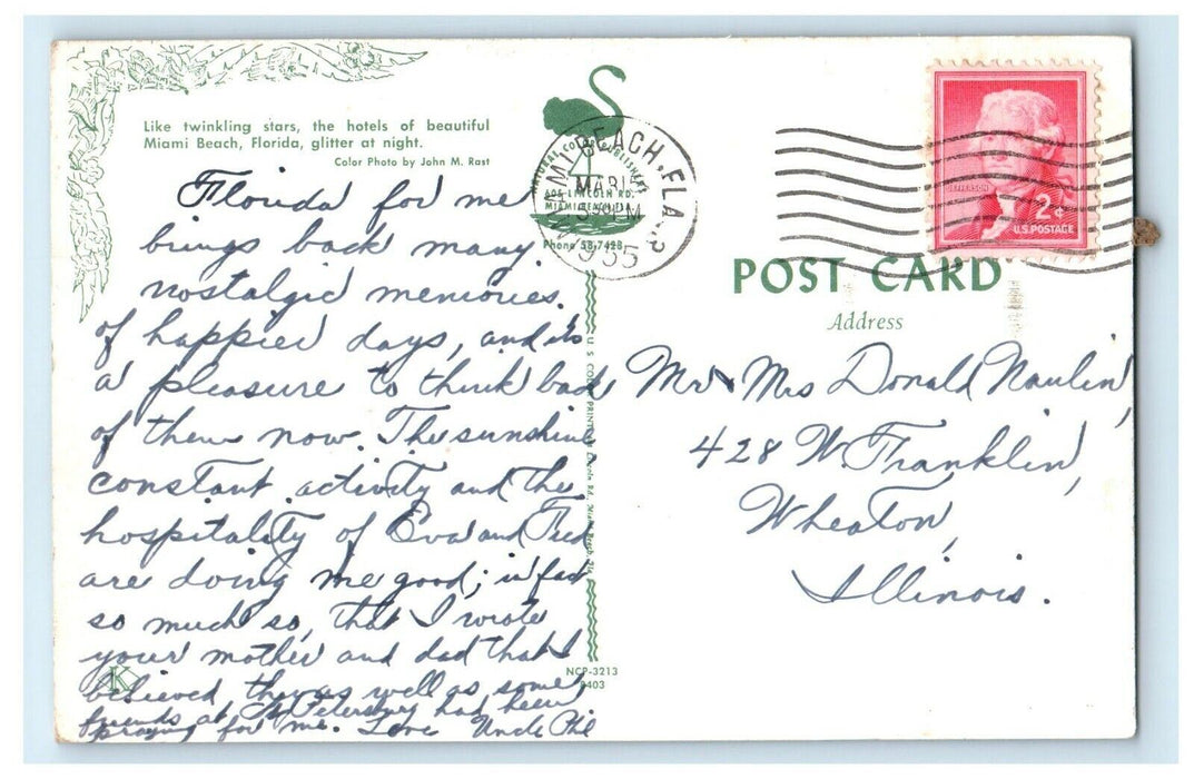 1955 The Hotels Of Beautiful Miami Beach Florida FL Glitter At Night Postcard