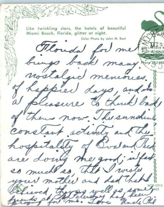 1955 The Hotels Of Beautiful Miami Beach Florida FL Glitter At Night Postcard