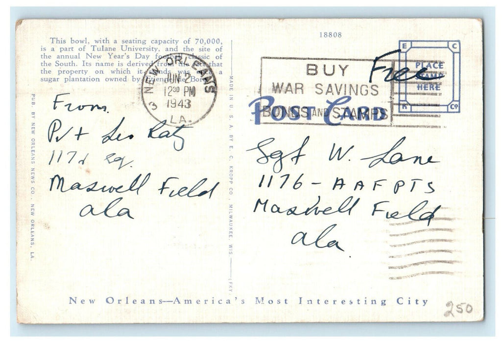 1943 The Sugar Bowl View, New Orleans Louisiana LA Posted Cancel Postcard