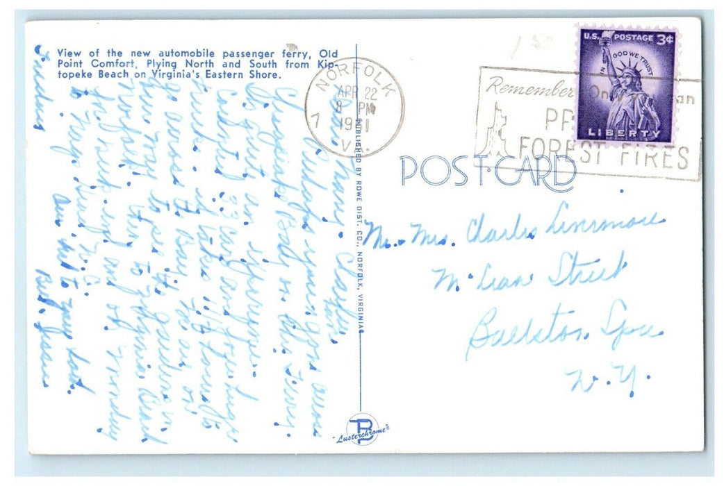 1951 View Of The Old Point Ferry Ship Passenger Comfort Topeke Beach VA Postcard