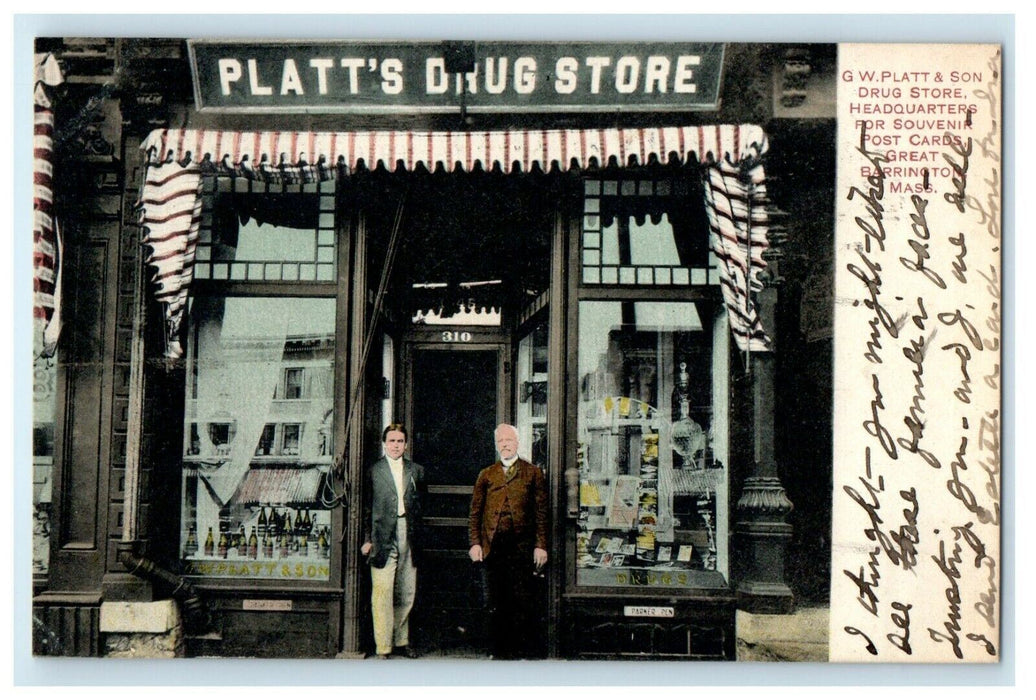 1910 GW. Platt & Son Drug Store, Great Barrington Massachusetts MA Postcard