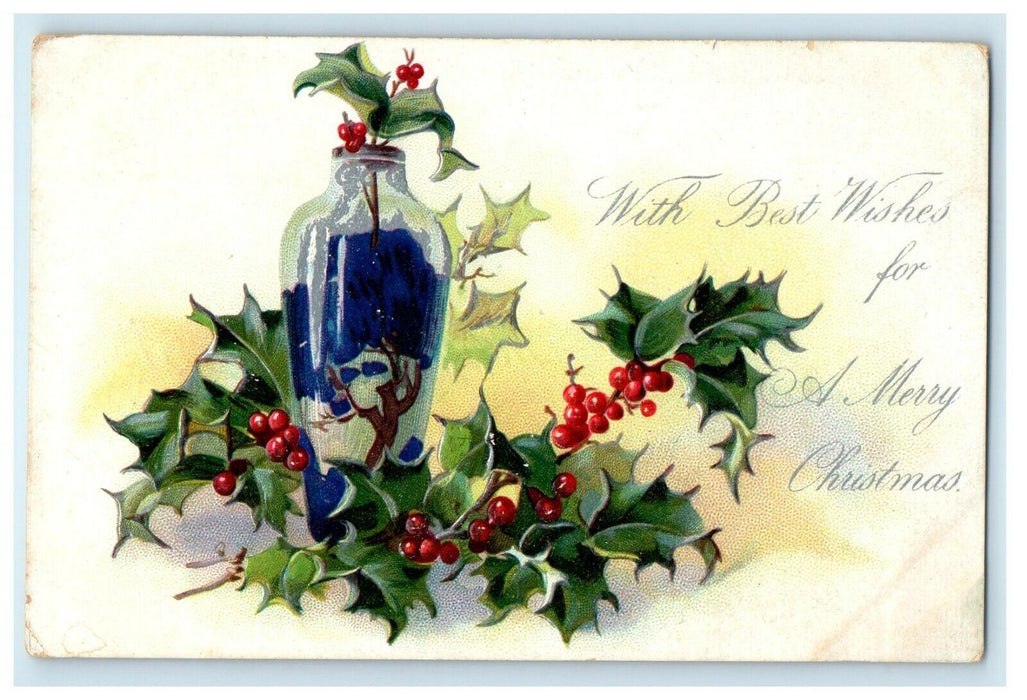 Christmas Tuck's Holly Berries Blue Glass Vase Silver Filigree Embossed Postcard