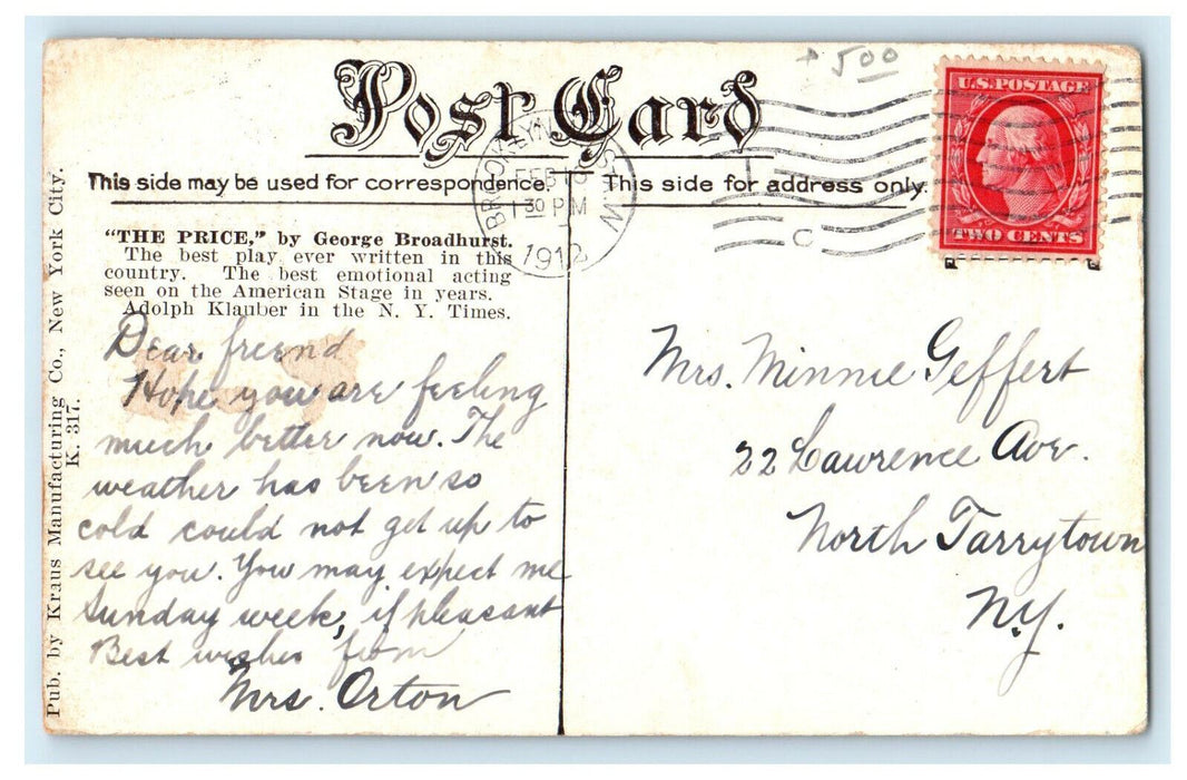 1912 Belen Ware is "The Price" Advertising Theater Actress Play Postcard