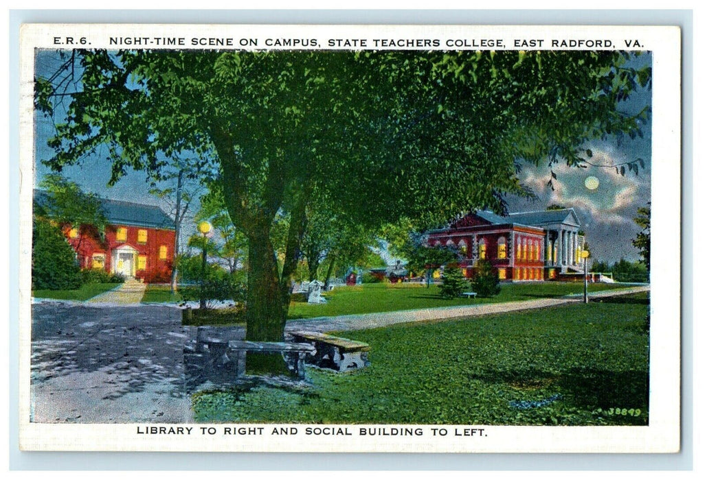 1938 Night Time Scene On Campus State Teachers College East Radford VA Postcard